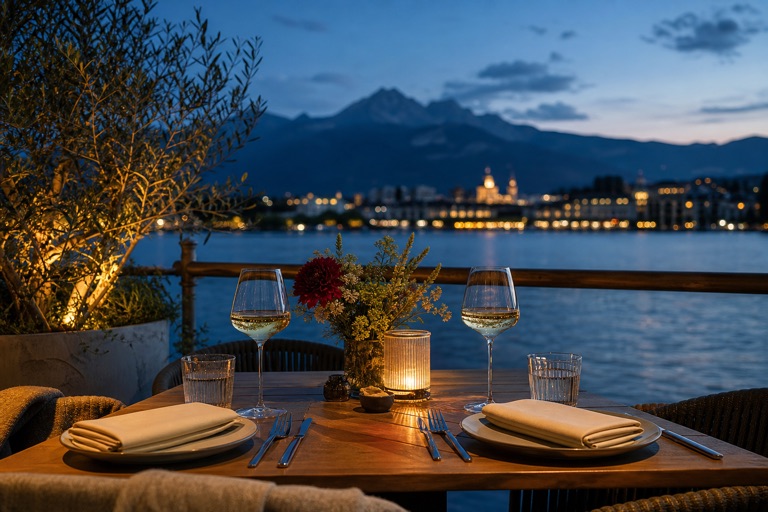 Gedeckter Restauranttisch für zwei am Vierwaldstättersee